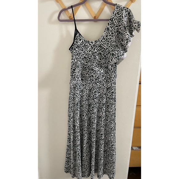 Club Monaco Women's Maxi Dress 6 One Shoulder Flutter Sleeve Hi Low Ribbed - Picture 8 of 9